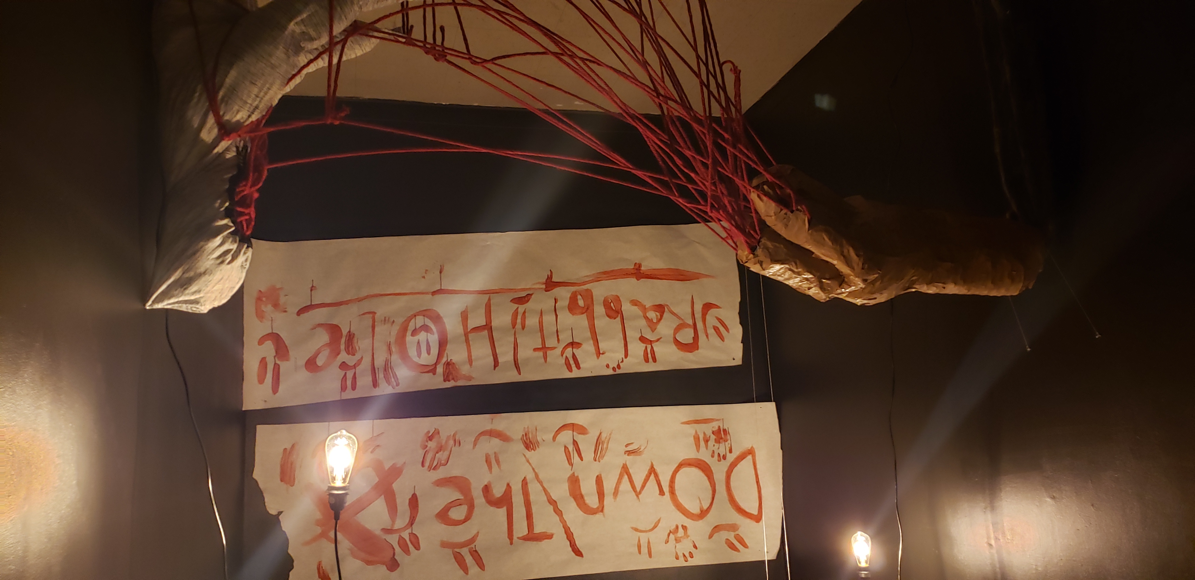 Down the Rabbit Hole installation, red cord and hand-painted banners